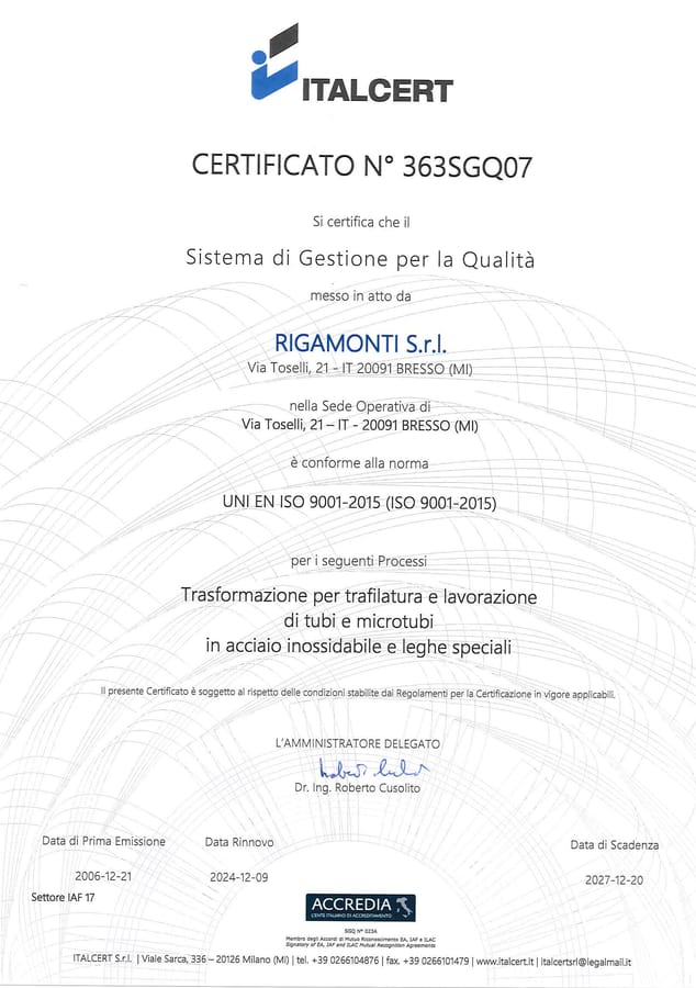 UNI EN ISO 9001:2015 certificate no. 363SGQ07 issued by ITALCERT to Rigamonti S.r.l.