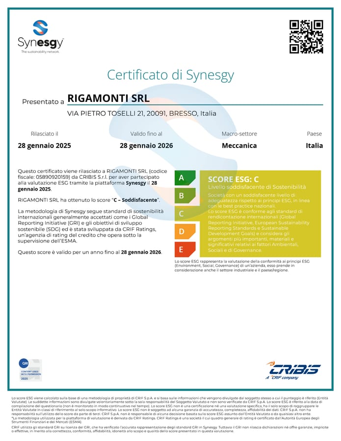 Synesgy certificate with ESG score C issued by CRIBIS to Rigamonti S.r.l. in 2025